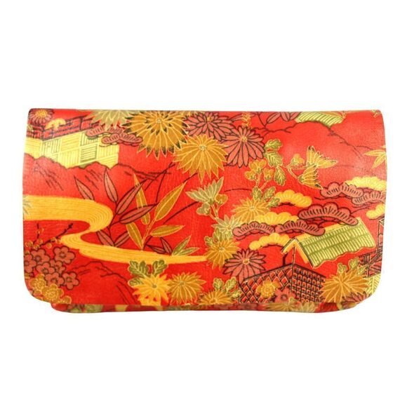 VTG HANDCRAFTED RED MULTICOLOR GENUINE LEATHER FLORAL ASIAN PRINT CLUTCH POUCH